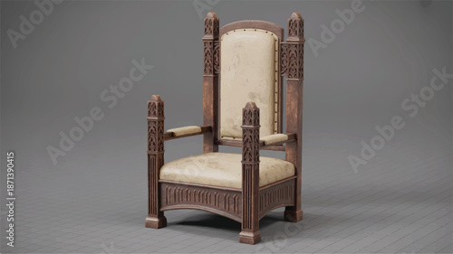 Large ornate wooden chair with beige upholstery and carvings
