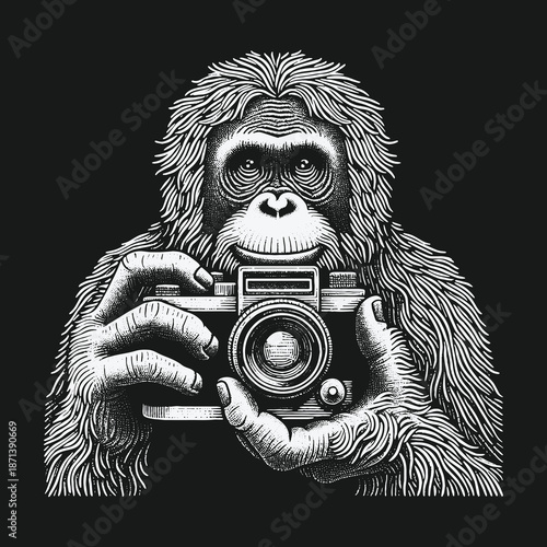 Orangutan Photographer: Capturing Moments with Vintage Camera.