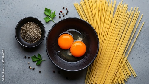 A culinary setup featuring fresh spaghetti, eggs, and spices on a grey background, ready for cooking.