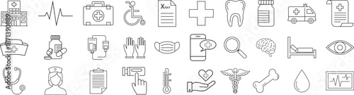 Healthcare set of web icons in Outline style. Medicine and Health Care linear icon collection. Hospital Symbols, Doctor Tools, Emergency Medicine, Pharmacy, Anatomy Outline Vector Illustration.