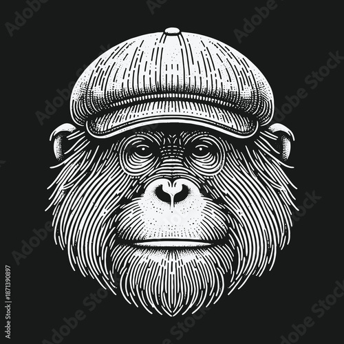 Orangutan Portrait with Newsboy Cap: A Vintage Engraving Style.