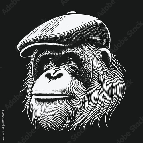 Orangutan Portrait with Flat Cap: A Detailed Illustration.