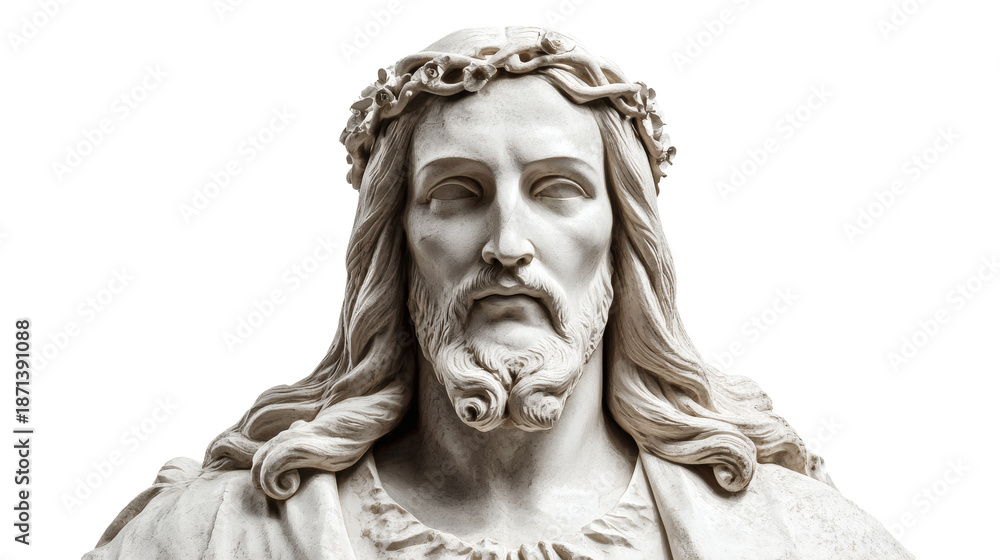 Fototapeta premium Jesus Christ statue with serene expression isolated on a white background