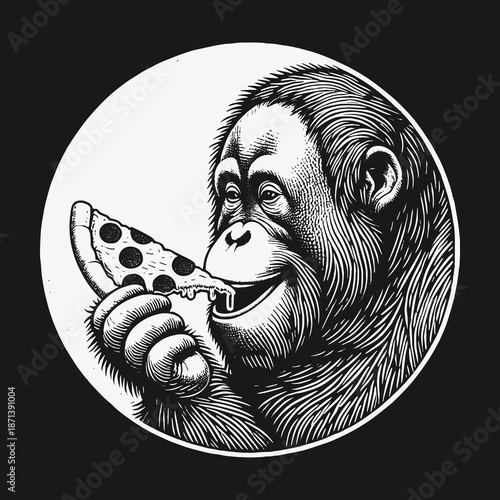 Orangutans Delight: A Whimsical Pizza Feast in Monochrome.