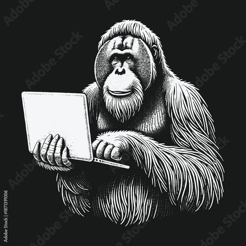 Orangutan Concentrating on Laptop: A Study in Focus and Technology.