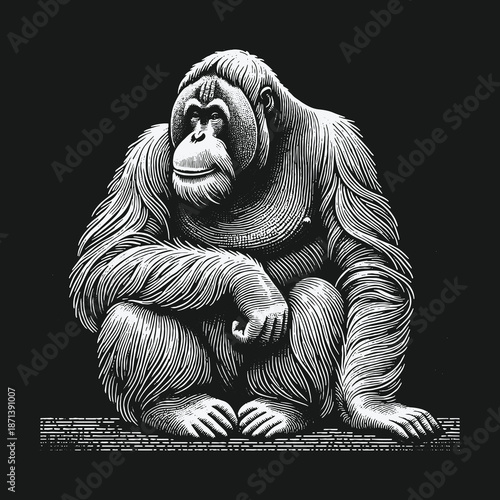 Engraved Orangutan Illustration: A Detailed Depiction of Wildlife.