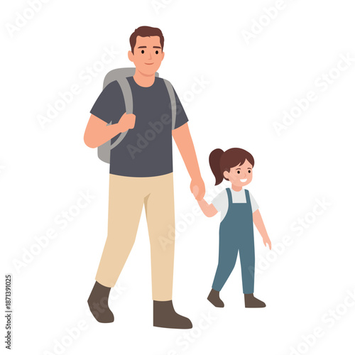 Father Walking with Daughter Holding Hands. Flat vector illustration isolated on white background