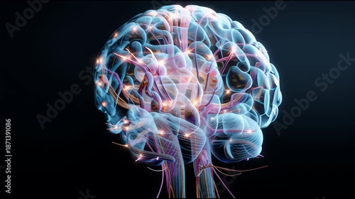 A brain with many red and blue lines. The brain is shown in a very detailed way