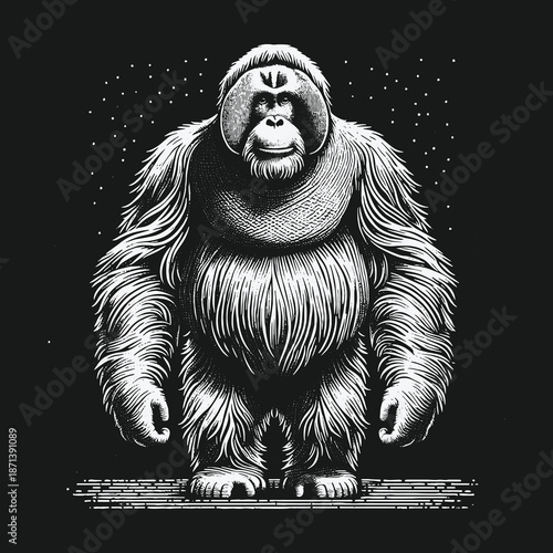 Detailed Orangutan Illustration in Black and White with Fur Texture.