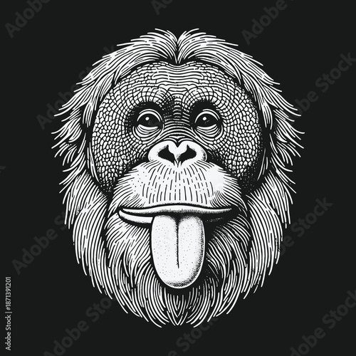 Orangutan Portrait with Tongue Out: Detailed Engraving Style Illustration.