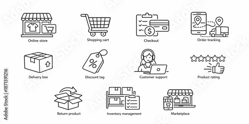 Ecommerce Delivery and Shopping Line Icons Set
