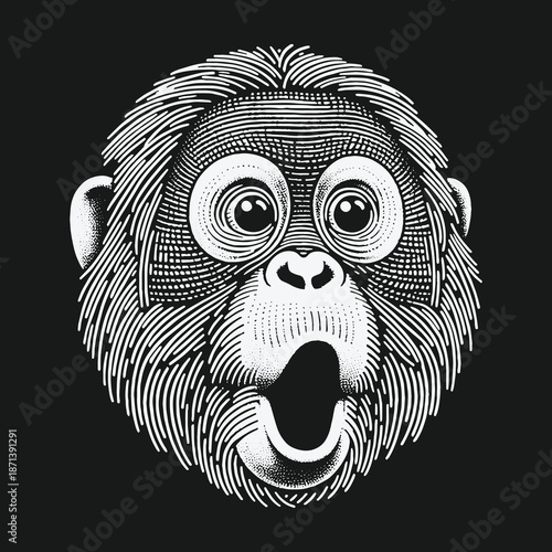 Engraved Orangutan Portrait with Surprised Expression on Black Background.