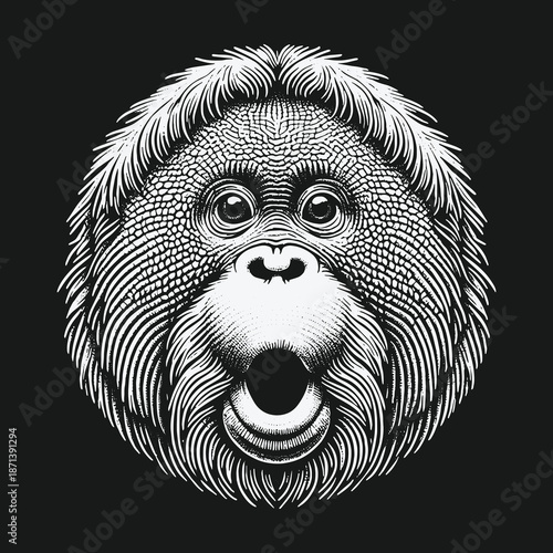Engraved Orangutan Portrait: A Detailed Black and White Illustration.