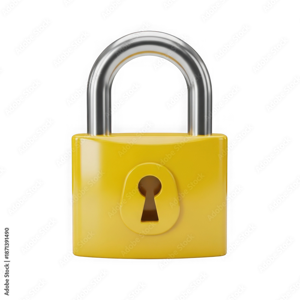 Naklejka premium Yellow padlock with silver shackle and keyhole, isolated on transparent background