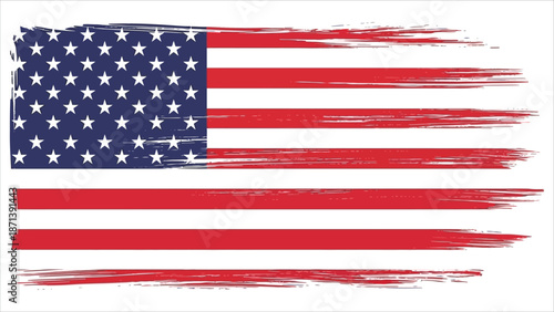  American flag grunge illustration. Brush-stroke stars and stripes in red, white, and blue