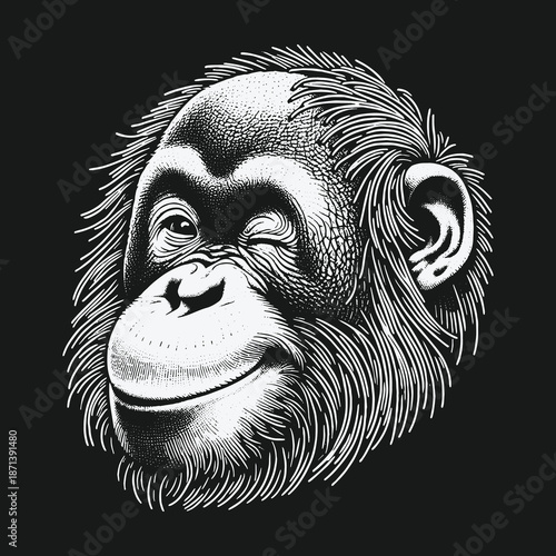 Orangutan Portrait: A Detailed Black and White Illustration of a Winking Ape.