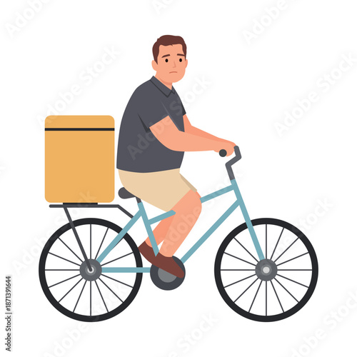 Overweight Man Riding Bicycle with Delivery Box. Flat vector illustration isolated on white background