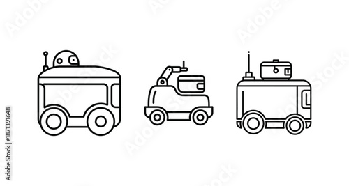 Smart delivery robot set of line art vector illustration