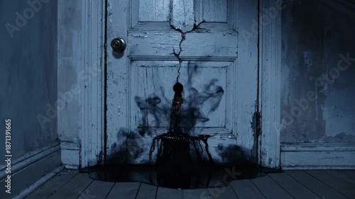 Dark liquid oozing from a cracked old wooden door indoors
