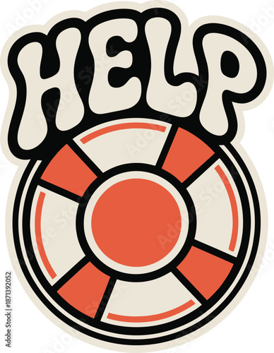 Help emergency typography sticker with lifebuoy ring icon vector illustration