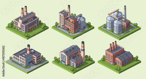 Collection of six unique isometric industrial building designs featuring various silos, smokestacks, and warehouses on rectangular green bases.