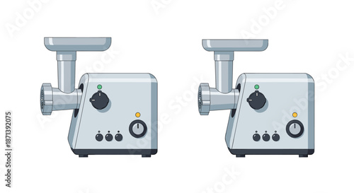 Pair of side view illustrations of a modern white electric meat grinder kitchen appliance for domestic food preparation on a white background.
