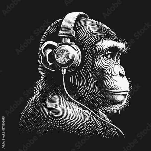 Chimpanzee Lost in Music: A Detailed Engraving of an Ape with Headphones.