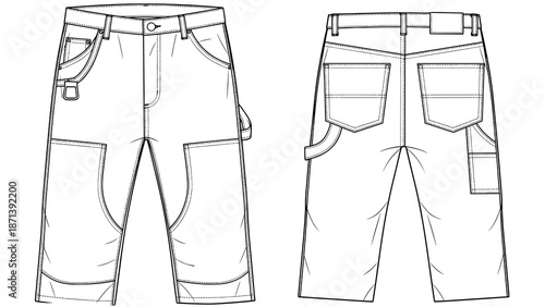 Technical Fashion Flat Sketch of Workwear Carpenter Pants for Apparel Design and Manufacturing Demonstrates Utility, Durability, and Practicality for Construction and Trades Profes.