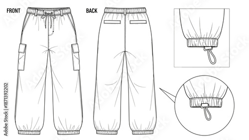 Fashion Technical Drawing of Women's Cargo Pants Shows Jogger Style, Relaxed Fit and Elasticated Waist with Drawstrings, Perfect for Sport, Leisure, Casual Wear Design and Garment.