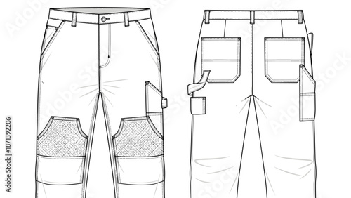 Technical flat sketch of workwear carpenter pants fashion design shows detailed front and back views for clothing construction in apparel industry for textile prototyping, garment.