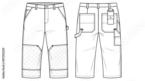 Technical flat sketch of work pants, illustrating functional apparel design for construction or industrial use, showing pockets, tool holders and reinforced knees in a clear, detai.