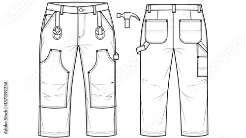 Construction pants design technical drawing template showcases workwear apparel for builders and tradespeople, perfect for fashion industry presentations and clothing production pr.
