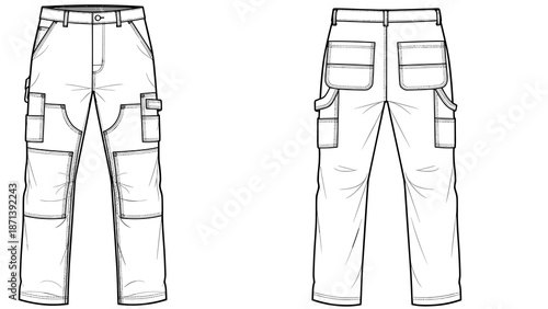 Technical illustration of industrial cargo pants shows front and back views, useful for fashion design and garment manufacturing, with flat sketch style depicting workwear clothing.