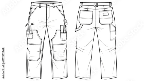 Durable work pants outline illustration showcases carpenter trousers with pockets for tools, perfect for construction, engineering, building trades, and skilled labor technical dra.