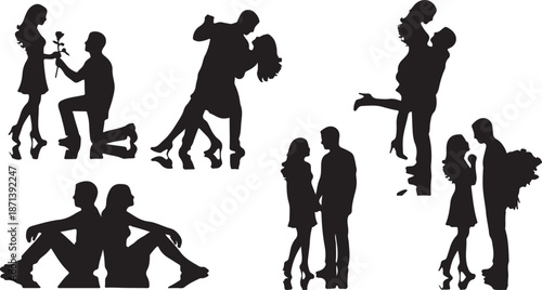 Various black silhouettes of romantic couples expressing love through dancing, proposing, and embracing