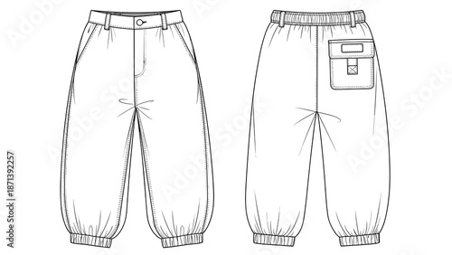 Baggy Pants Fashion Sketch Template Shows Casual Wear Design: These cuffed-hem sweatpants feature elastic waist and loose, balloon fit for clothing designers' technical flats.