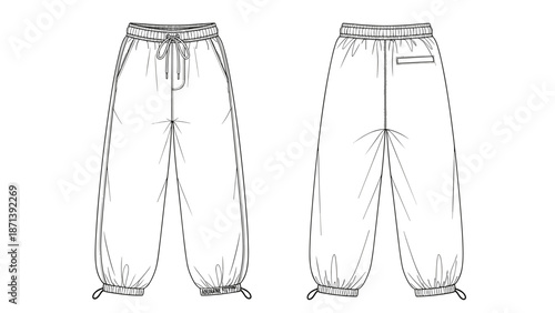 Fashionable baggy sweatpants technical drawing showcases relaxed streetwear apparel with drawstring waist and ankle cuffs for modern athletic style, perfect for casual design and g.
