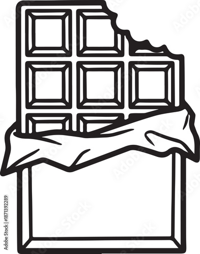 A black and white outline illustration of a partially eaten chocolate bar in its open wrapper