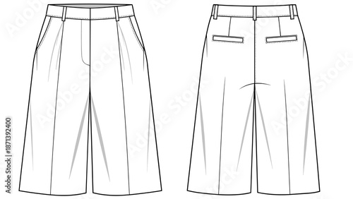 Trendy wide-leg trousers technical drawing showcases stylish culottes design for fashion illustration, garment pattern drafting, clothing design, providing a modern, elegant silhou.