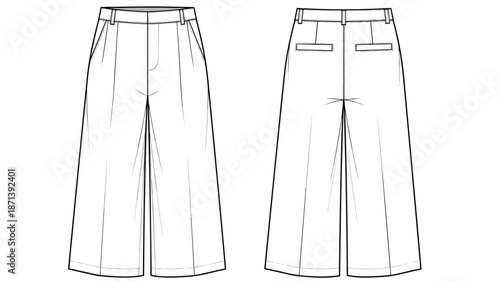 Wide-Leg Trousers Technical Drawing Depicts Fashion Design: A detailed front and back view illustration of culottes showcases apparel construction, garment style, and tailoring pro.