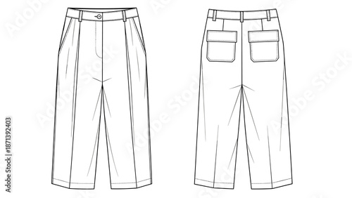 Fashionable wide leg trousers illustration exhibits the latest style, demonstrating apparel design, garment construction, and modern couture for sewing patterns and technical drawi.