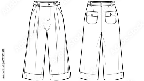Culottes Trousers Technical Drawing for Fashion Design: Detailed flat sketch of culottes trousers with front pleats and back patch pockets offers a modern tailored look for apparel.