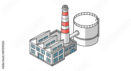 Isometric drawing of an industrial processing plant building featuring a tall striped smokestack and a large adjacent circular storage tank facility.