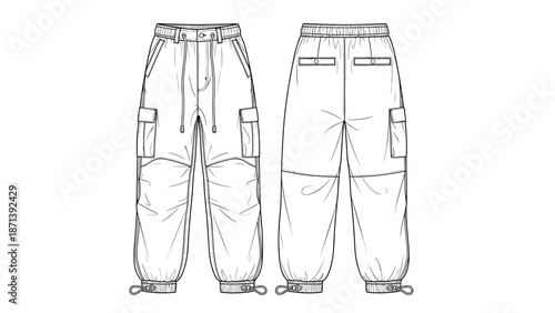 Cargo Pants Technical Fashion Flat Sketch, Joggers Front and Back View: Garment Template and Design Mockup for Fashion Design, Technical Drawings, Casual Wear, Style, and Apparel D.