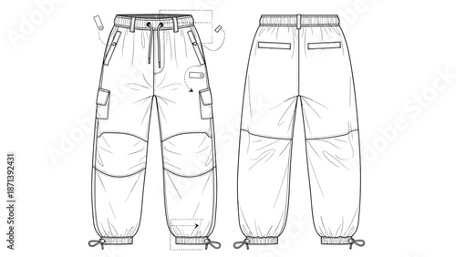 Cargo Pants Technical Flat Fashion Sketch: An intricate apparel blueprint showcasing detailed design elements like pockets, elastic waistband, and adjustable ankle ties for clothin.