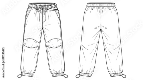 Fashionable jogger pants technical drawing showcases garment design, providing a stylish aesthetic for apparel industry, fashion designers, pattern makers, clothing retailers, casu.
