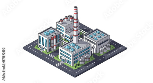 Isometric architectural rendering of a modern industrial facility complex situated within a road network with green spaces and several buildings.