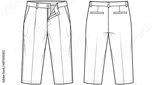 Trendy cropped trousers technical fashion drawing showcases tailoring, pleats, and details for apparel design in digital sketching, offering stylish CAD flat sketches for garment d.