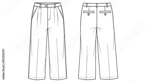 Fashion Illustration of Wide Leg Pleated Pants, Back and Front View: A technical sketch for garment design featuring classic trousers, perfect for apparel pattern drafting, modern.