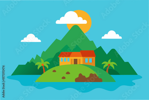 Tropical Mountain Island with Scattered Colorful Vegetation